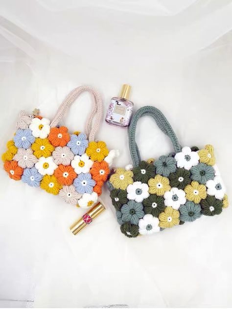 Flower Puff Crochet Bag, Wool Bags Handmade, Flower Bag Crochet, Crochet Flower Bag, Crocheting Bag, Handbag Crochet, Diy Crochet Bag, Confection Au Crochet, Working Online