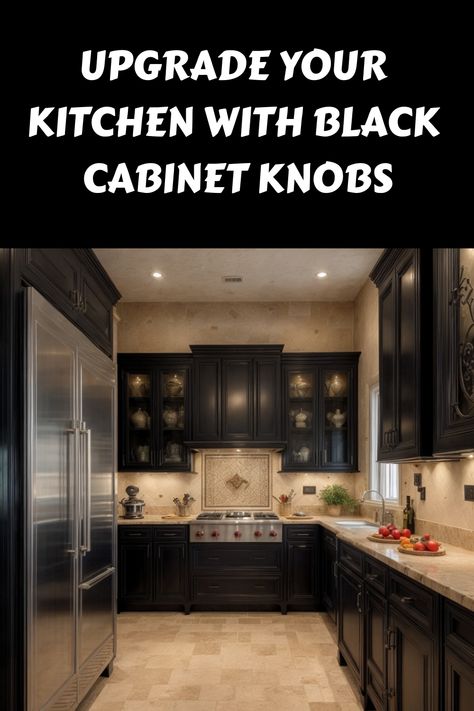 Upgrade your kitchen with black cabinet knobs. Black Lower Cabinets, Black Cabinet Knobs, Black Kitchen Cabinet, Kitchen Cabinet Inspiration, Modern Black Kitchen, Kitchen Aesthetics, Unique Hardware, Kitchen Games, Glass Front Cabinets