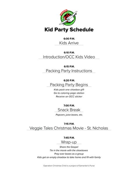 Kid's Party Schedule - How to create a Kid's Party Schedule? Download this Kid's Party Schedule template now! Birthday Party Schedule, Veggie Tales Christmas, Party Schedule, Veggie Christmas, Party Timeline, Curiosity Approach, Samaritan's Purse, Veggie Tales, Kids Schedule