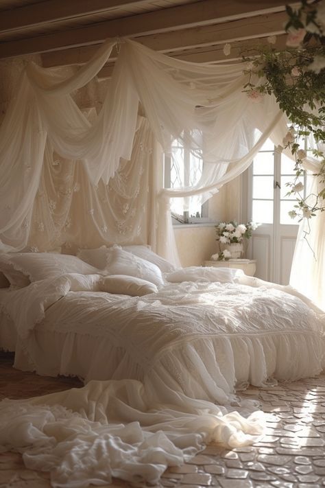 Create a romantic oasis with these bedroom ideas Angelic Room Decor, Ethereal Aesthetic Room, Ethereal Bedroom Aesthetic, Heaven Room, Ethereal Theme, Fae Garden, Bedroom Staging, Night Bedroom, Bedroom Ideas Romantic