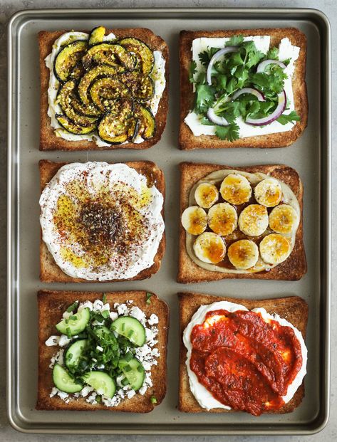 6 winter toasts: spiced squash, cilantro feta, labneh za'atar, tahini banana, cucumber caraway, spicy tomato labneh Labneh Sandwich, Labneh Toast, Syrian Breakfast, Toasted Sandwiches, Toast Sandwich, Za Atar, Toast Toppings, Carrot Juice, Good Morning Sunshine