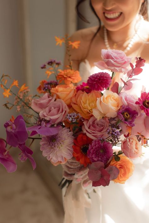 Real Wedding Flowers, Newton Hall, Colorful Bridal Bouquet, Colorful Wedding Bouquet, Orange Bouquets, Pastel Bouquet, Violet Wedding, Colorful Wedding Flowers, Bridal Bouquet Flowers