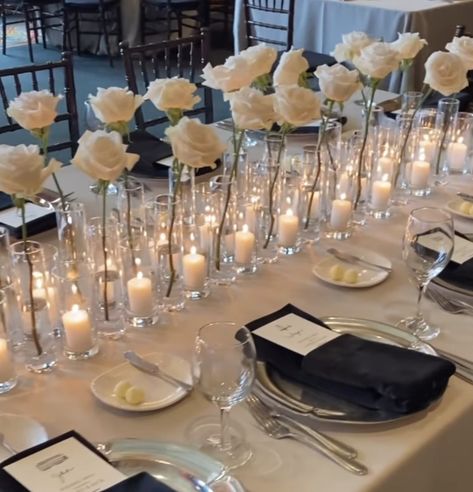 White Roses Long Table, Weddings Ideas Elegant, Dinner Party Bridal Shower Ideas, White Roses Bridal Shower Decor, Wedding Table Set Up With Candles, Simple Wedding Table Centrepiece, White Rose Candle Centerpiece Wedding, Classy Chic Wedding Decor, Classy Party Table Decor