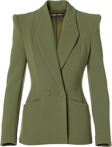 About this item      100% Wool Lining: 91.5% Silk, 8.5% Lycra     Dry Clean Only     Made in USA     Button Front     Padded Shoulder Sergio Hudson, Design Your Own Shoes, Loungewear Jumpsuit, Wool Crepe, Green Square, Lapel Jacket, Woman Suit Fashion, Double Breasted Jacket, Business Suit