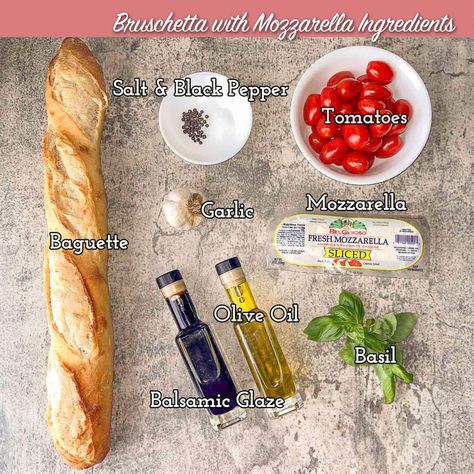 Snacks With Balsamic Glaze, Baguette, French Bread Bruschetta, How To Make Bruschetta Bread, Italian Mozzarella And Tomatoes, Bruschetta Mozzarella Balsamic Vinegar, Mozarella Tomato Bruschetta, Caprese On Baguette, Bread With Tomatoes On Top