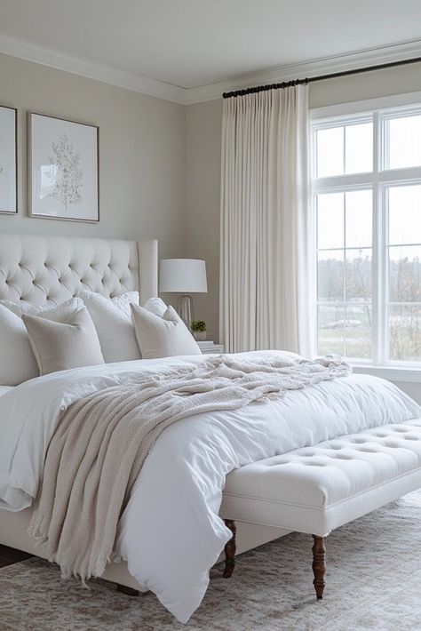 White Bedding Master, White Comforter Bedroom, White Guest Bedroom, Pottery Barn Bedrooms, Zen Bedroom Ideas, White Bedrooms, Bedroom Inspirations Master, White Wall Bedroom, All White Room