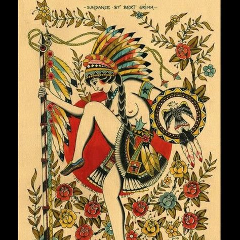 Bert Grimm's famous "Sundance" flash design. #BertGrimm #Sundancer #tattoohistory #traditional Bert Grimm Tattoo, Desenhos Old School, Sailor Jerry Tattoo Flash, Inspired Images, Pin Up Girl Tattoo, Vintage Tattoo Design, Sailor Jerry Tattoos, Fusion Ink, Traditional Flash