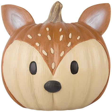 Decorate for the season with stylish pumpkin decor! Our whimsical deer pumpkin is styled in brown and tan with black facial features and markings to resemble a deer's coat. Perfect for tabletop fall decor, this deer pumpkin looks great on its own or displayed with other indoor autumn decor pieces. Available three whimsical styles. Holiday Living 9-in Harvest Deer Pumpkin Decor | 552964 Paint Pumpkin Designs, Easy Paint Pumpkins For Kids, Bunny Pumpkin Decorating, Decorated White Pumpkins, Fun Painted Pumpkin Ideas, Pumpkin Painting Western, Kitty Pumpkin Carving Ideas, Cheetah Pumpkin Painting, Simple Painted Pumpkins Ideas