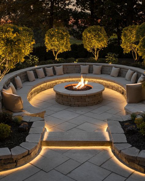 Circle Patio With Fire Pit, Garden Concrete Ideas, Outdoor Firepit Patio, Outdoor Spaces Ideas Backyard, All Concrete Backyard Ideas, Back Yard Ideas For Small Yards Landscaping Patio Outdoor Living, Back Patio Ideas Concrete, Courtyard Seating Ideas, Front Yard Fire Pit Ideas