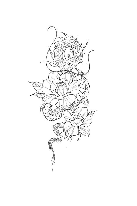 Dragon Back Tattoo With Flowers, Flower With Dragon Tattoo, Dragons And Flowers Tattoo, Dragon With Flowers Tattoo For Women, Dragon With Flowers Tattoo, Dragon Flower Tattoo, Dragon Tattoo With Flowers, Dragon Tattoo Outline, Dragon Tattoo Stencil