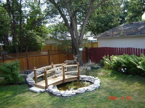 Yard Pond, Ponds Ideas, Backyard Bridges, Small Backyard Ponds, Pond Bridge, Landscape Waterfall, Retention Pond, Affordable Backyard Ideas, Kolam Koi