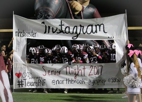 Instagram run thru football banner for Senior Night 2017. Northbrook HS Booster Club Football Signs For Senior Night, Senior Night Banners Football, Banners For Football Games, Senior Night Run Through Signs, Senior Night Banner, Highschool Cheer, Cheer Banners, Cheerleading Signs, Football Banners