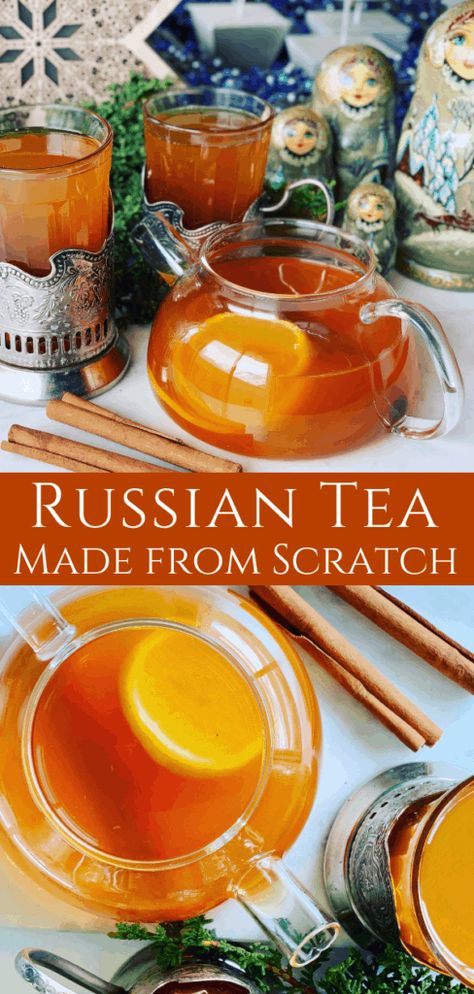 Russian Tea made from scratch, using real tea bags, oranges, lemons and spices. This delicious Orange spiced Russian tea recipe is easy to make and a winter treat - Spiced Russian Tea Recipe How To Make Russian Tea, Constant Comment Tea, Tea With Orange Slices, Russian Tea Party, Constant Comment Tea Recipes, Easy Tea Recipes, Russian Spiced Tea Recipe, Black Tea Recipe Drinks, Easy Russian Recipes