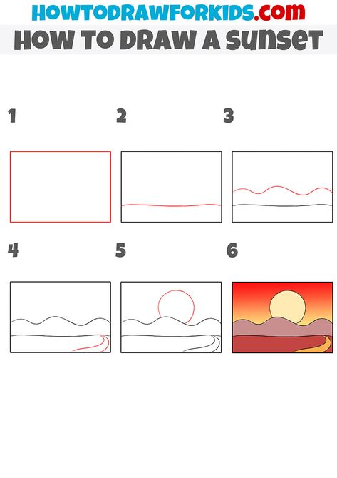 Sunset Drawings, Sunset Drawing Easy, Sunset Tutorial, Directed Drawing Kindergarten, Landscape Drawing Tutorial, Sunset Drawing, Drawings With Meaning, Drawing Sunset, Classroom Art Projects