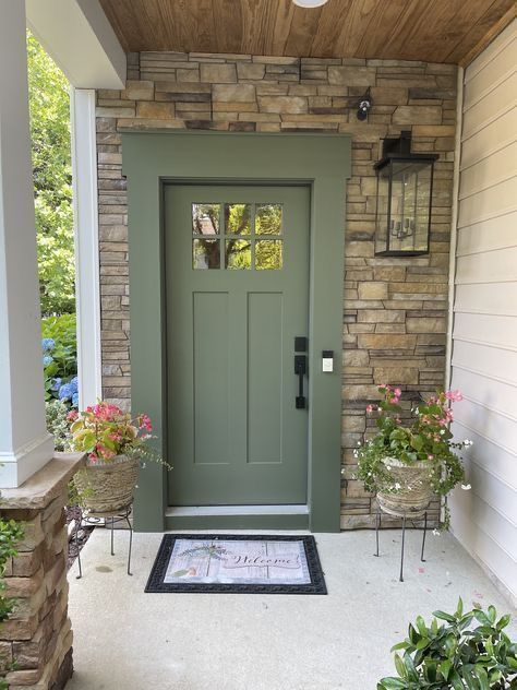 Front Door Colors Brick House, White House With Sage Door, Green Door And Shutters, Front Door Color With Brown House, Earth Tone Front Door Colors, Green Door Beige House, Front Door Sage Green, Sage Door Exterior, Sage Green Cottage Front Door