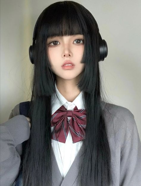 Hime Haircut Long, Full Bangs Long Hair, Pretty Hair Cuts, Japanese Haircut, 일본 패션, Smink Inspiration, Japanese Hairstyle, Long Hair With Bangs, Long Black Hair