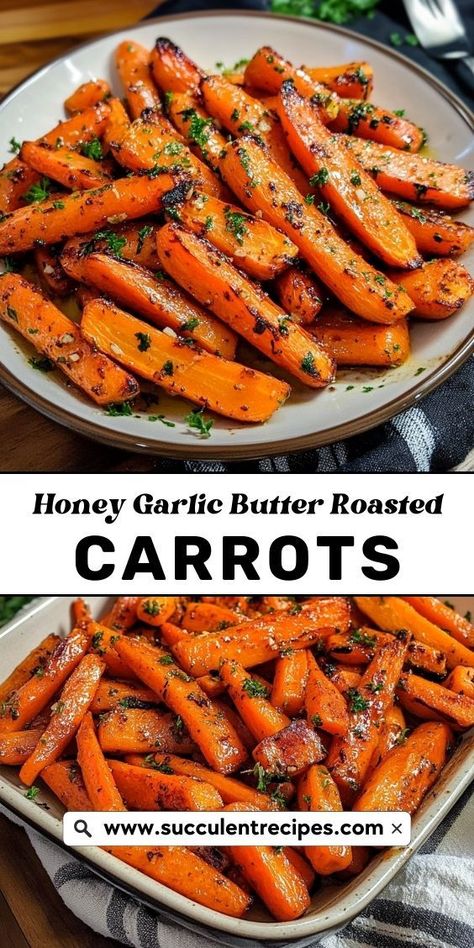 Enjoy Crispy Honey Garlic Butter Roasted Carrots ready in just 30 minutes! These tender, sweet carrots are coated in a delicious garlic butter sauce that pairs perfectly with any main dish. Thanksgiving Carrot Recipe, Baked Carrots Recipe, Butter Roasted Carrots, Healthy Thanksgiving Dinner, Carrot Recipes Side Dishes, Thanksgiving Vegetables Side Dishes, Thanksgiving Vegetable Sides, Sweet Carrots, Carrots Side Dish