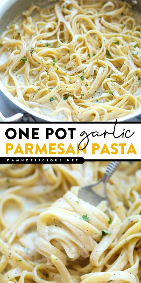 Don't miss out on this simple pasta recipe in just one pan! You're just 30 minutes away from this easy dinner idea. Creamy yet light, this garlic parmesan pasta is a winner! Save this and try it! Essen, Light Cream Sauce, Pasta Parmesan, Creamy Garlic Pasta, Garlic Parmesan Pasta, Weeknight Dinner Recipes, One Pan Pasta, Light Pasta, Quick Pasta Recipes