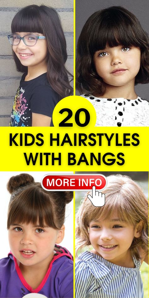 Chic Kids’ Bangs Hairstyles: Curly, Cute, & Easy School Looks Girls Bangstyle Hair Kids, Toddler Hairstyles With Bangs, Girl Hairstyles With Bangs, Girls Haircut With Bangs, Kids Curtain Bangs, Kids Hairstyles With Bangs, Kids Bangs Hair, Black Bobs, Kids Bob Haircut