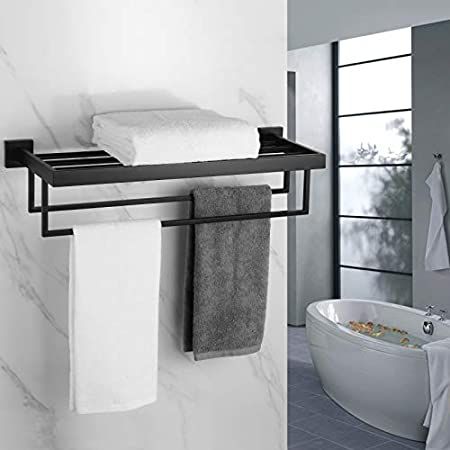 Bathroom Towel Shelf, Toallero Ideas, Black Bathroom Hardware, Folding Towels, Bath Towel Racks, Bath Shelf, Wall Mounted Towel Rack, Double Towel Bar, Towel Shelf