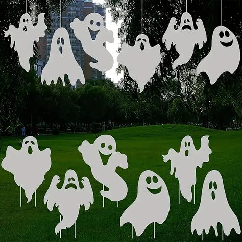 PRICES MAY VARY. Packaging Includes - 6pc yard signs,12 stakes and 1 white line for hanging up. Scary white ghost yard signs with the spookiest design make a horror spooky scene at your Halloween night. Using them for your yard decor or lawn decor is good choice to welcom the coming halloween holiday and everyone will be so surprised with these amazing decorations. Appropriate Size: These halloween Yard Signs sizes are perfect for halloween decoration. Suitable for patio, yard, garden, vase, dri Signs For Garden, Yard Ghosts, Pelottava Halloween, Outside Halloween Decorations, Halloween Outdoor Decoration, Halloween Yard Signs, Halloween Ghost Decorations, Lawn Decorations, Hanging Ghosts