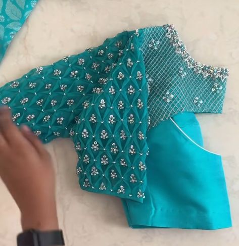 Gown Blouse Designs Latest, Bridal Blouse Designs Puff Sleeves, Simple Blouse Work Designs Embroidery, Net Hands Maggam Work Blouses, Ariwork Blouse Designs, Cut Work Blouse Designs Pattern, Simple Net Blouse Designs, Net Hands Blouse Designs, Net Aari Work Blouse Designs