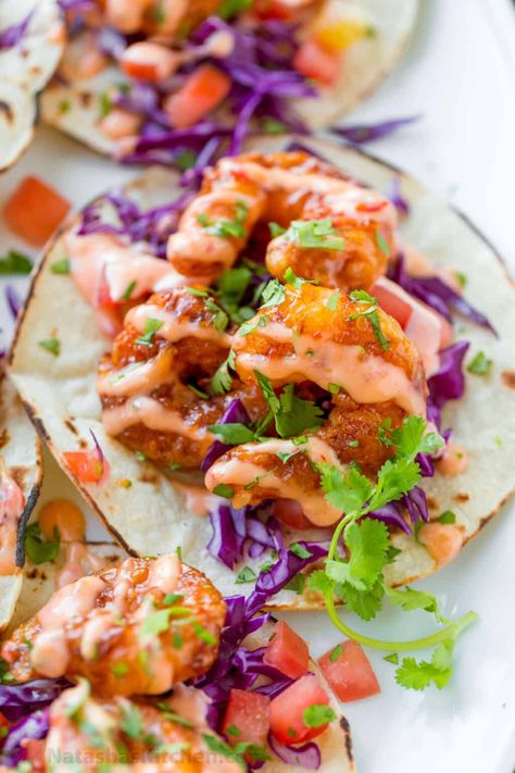 Bang Bang Shrimp are crispy, creamy, sweet, and spicy. They are so satisfying served as Bang Bang Shrimp Tacos drizzled with the famous sauce Bang Bang Shrimp Tacos, Dynamite Shrimp, Red Cabbage Recipes, Shrimp Taco Recipes, Bang Bang Shrimp, Breaded Shrimp, Shrimp Recipes For Dinner, Shrimp Recipes Easy, Shrimp Dishes