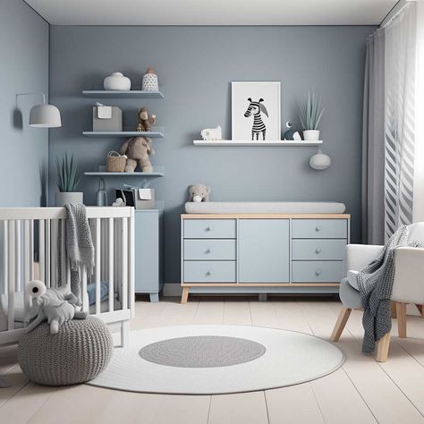 Half Painted Wall Bedroom Blue, Grey Themed Nursery, Light Blue And Grey Nursery, Shades Of Blue Nursery, Baby Boy Room Paint Ideas, Baby Boy Room Wallpaper, Gray And Blue Nursery, Grey Nursery Ideas Neutral, Blue And Grey Nursery Boy