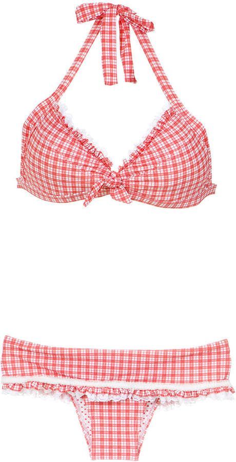 Plaid Bikinis, Red And White Plaid, Designer Beach Wear, Halter Neck Swimsuit, Halterneck Top, Brazilian Cut, Cute Bathing Suits, Cute Bikinis, Designer Swimwear