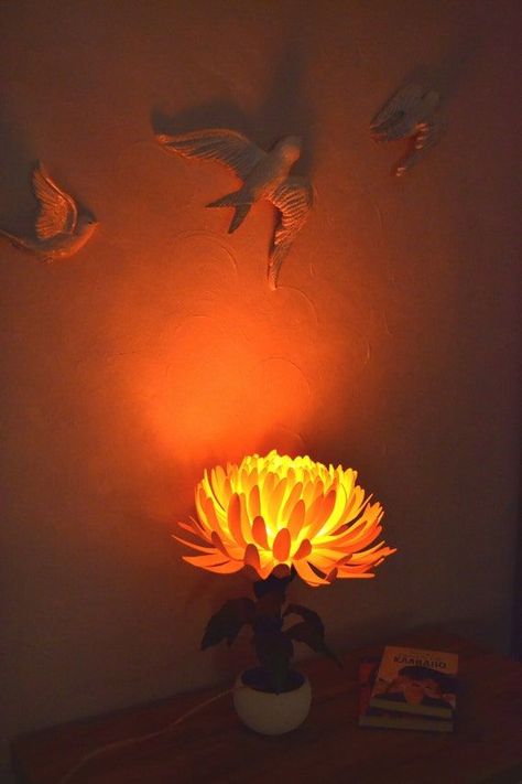 Bedroom ideas lights and lamps ideas Home Decor trending Orange Chrysanthemum, Led Nightstand, Flower Led, Flower Lamp Shade, Cottagecore Room, Fall Cottagecore, Nightstand Table, Orange Lamps, Cottagecore Room Decor