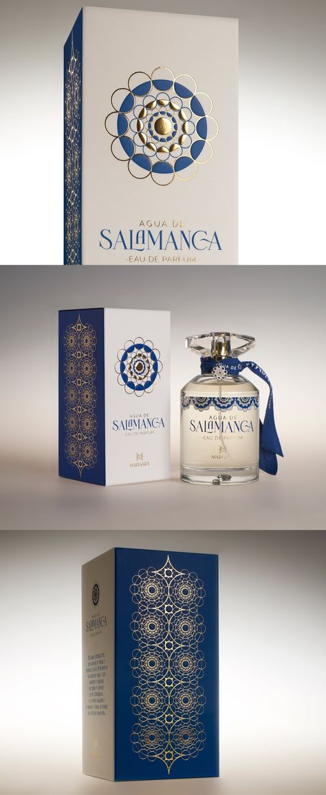 Salvi Design - Packaging Design for Agua de Salamanca Eau de Parfum Created by Salvi Design . For the product image, we chose the concept of the Salamanca charro button. This traditional element is strongly reminiscent of the city, associated with handmade filigree and jewellery. Thanks to its geometric composition, it enables a graphic language which when developed can be used for a sensual and elegant packaging. _ #fashion #packagingdesign Elegant Perfume Packaging, Perfume Package Design Boxes, Parfum Design Packaging, Luxury Perfume Branding, Traditional Packaging Design, Parfume Package Designs, Perfume Product Design, Perfume Box Design Packaging, Perfume Design Ideas