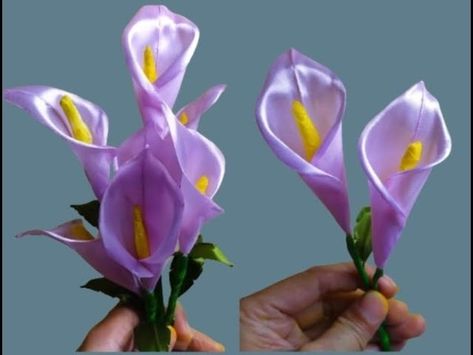 Ribbon Made Flowers, Silk Ribbon Flowers Tutorial, How To Make Lily Flowers, Ribbon Lily Flowers, Silk Ribbon Flowers Diy, Making Flowers From Ribbon, Diy Flowers Out Of Ribbon, Rebon Flowers, Diy Flower Making Ideas