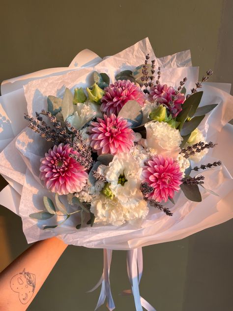 Lavander, dahlia, bouquet, flowers, florist , floral design Dahlia And Tulip Bouquet, Bouquet Of Dahlias, Dahlia Bouquet Aesthetic, Dhalia Aesthetic Bouquet, Dalia Bouquet, Dahlia Flower Bouquet, Daliah Flower, Dahlias Bouquet, Dahlia Bouquet