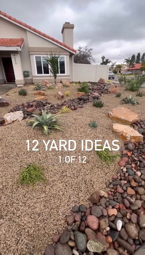 Front yard dry stream bed with 12 Days of Yard Ideas. Rock Garden Ideas Front Yard No Plants, Diy Landscaping Ideas For Front Yard With Rocks, No Weeds Landscaping, Rock Yard Ideas, Front Yard Dryscape, Dry Landscaping, Front Yard Rock Landscaping, Zeroscaping Front Yard Ideas, Zero Scaping Ideas