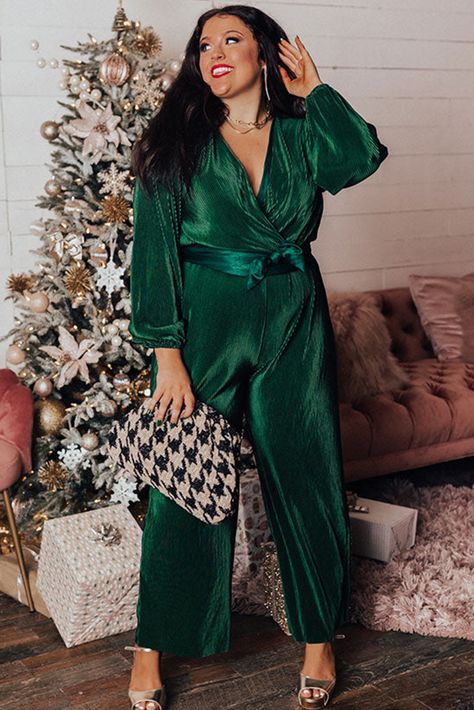 $12.45 Dark Green Plus Size Pleated Satin Belted V Neck Jumpsuit Wholesale V Neck Jumpsuit, Pleated Jumpsuit, Satin Jumpsuit, Loungewear Dresses, Velvet Jumpsuit, Plus Size Jumpsuit, Pleated Fabric, Southern Belle, Green Satin