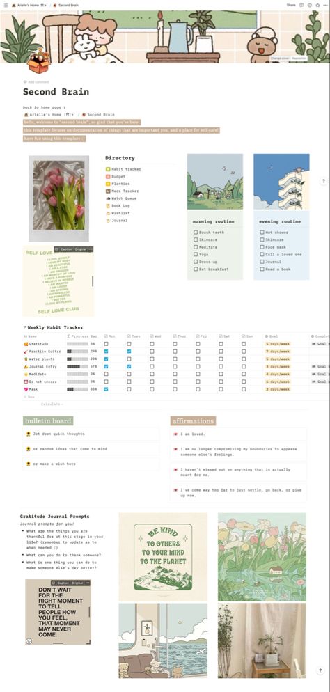 A place for you to document and organise important things that wouldn’t have been otherwise kept into your brain 🙃 also included affirmations, journal, habit trackers etc. check it out on @ariellestudying on instagram! Notion Table Ideas, Fun Notion Ideas, Notion Affirmation Template, Notion Tracker Ideas, Notion Template Ideas Habit Tracker, Notion Template Habit Tracker, Habit Notion, Notion Habit Tracker Aesthetic, Notion Prompts