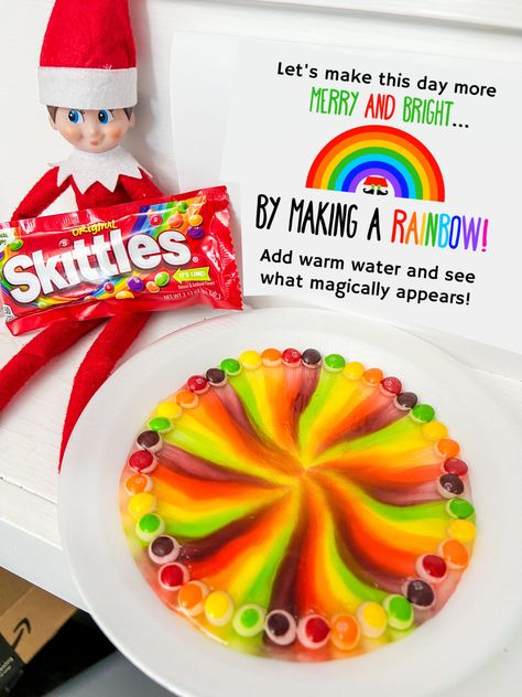 Here's a fun Elf on the Shelf activity with a little magic too. This magic Skittles rainbow experiment is fun, easy to set up, and inexpensive too with this FREE Elf on the Shelf Skittles Rainbow Printable. Elf On The Shelf Skittles Rainbow, Elf Skittles Rainbow Magic, Elf On The Shelf Crafts Preschool, Elf On The Shelf Ideas Skittles, Elf Skittles Rainbow, Elf Skittles, Elf On The Shelf Skittles, Derek Henry, Skittles Rainbow Experiment