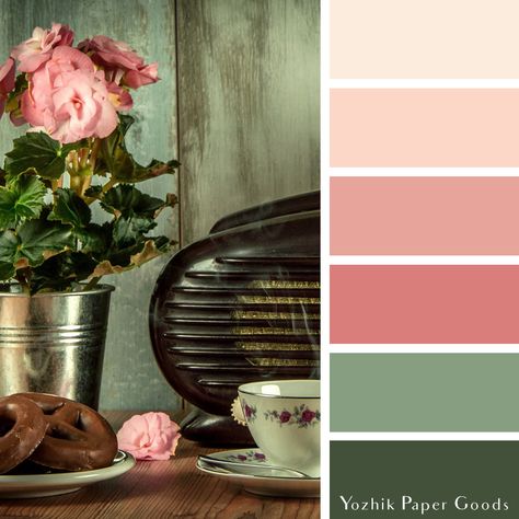 Green And Pink Bathroom, Flower Color Palette, Sage Color Palette, Coral Colour Palette, Deco Rose, Green Color Schemes, Pink Living Room, Green Palette, Color Palette Pink