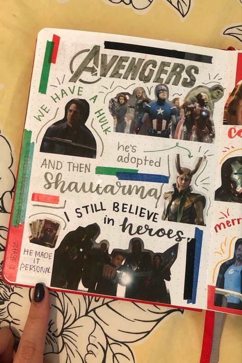 the avengers (2012) page in my mcu journal Avengers Journal Ideas, Marvel Sketchbook Ideas, Marvel Journal Ideas, Avengers Journal, Marvel Journaling, Marvel Scrapbook, Marvel Journal, The Avengers 2012, Marvel Diy