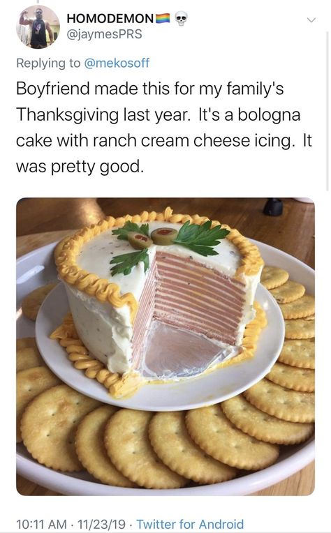 Unappetizing Family Thanksgiving Recipes That've Somehow Made It To 2019 - Memebase - Funny Memes Bologna Cake, Baking Fails, Food Fails, Cream Cheese Icing, Family Thanksgiving, Thanksgiving Sides, Thanksgiving Side Dishes, Mug Cake, Trifle