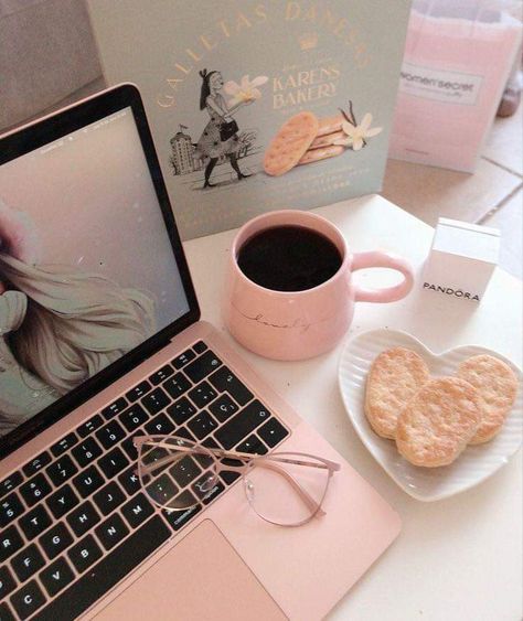 Work From Home Images, Girly Office, Pink Macbook, Workspace Inspiration, Study Inspiration, Cup Of Coffee, الرسومات اللطيفة, Study Motivation, Pink Aesthetic