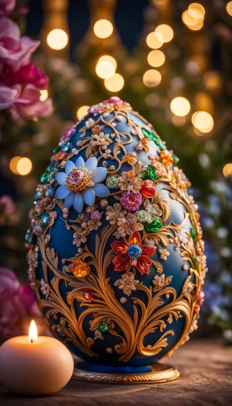 Easter egg encrusted with precious gems, craved porcelain flowers - AI creation Fancy Ornaments, Animated Christmas Pictures, Unique Easter Eggs, Decorative Eggs, Easter Egg Art, Egg Shell Art, Android Wallpaper Art, Magical Images, Easter Egg Wreath