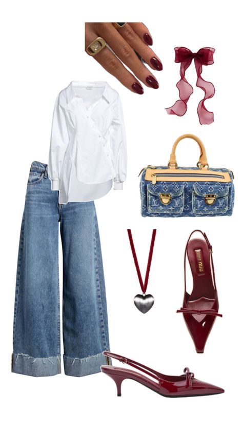 Red ribbon | Denim | Mui Mui | Louis Vuitton | kitten heel | heart necklace | Red nails | Ribbon Outfit, Heart Necklace Red, Kitten Heels Outfit, Red Kitten Heels, Mui Mui, Heels Outfits, Necklace Red, Outfit Inspo Fall, Kitten Heel