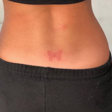 Red ink butterfly tattoo on the lower back. #tattoo #butterfly #tattoo Red Ink Butterfly Tattoo, Red Ink Butterfly, Ink Butterfly, Small Butterfly Tattoo, Tattoo Butterfly, Butterfly Tattoos For Women, Best Tattoos For Women, Angel Tattoo Designs, Back Tattoos For Guys