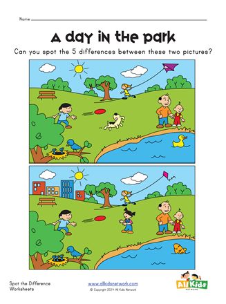 Spot the Difference at the Park Worksheet | All Kids Network Spot The Difference Kids, Picture Story For Kids, Find The Difference Pictures, Sequencing Activities Kindergarten, Picture Comprehension, Find The Difference, Speech Therapy Games, English Worksheets For Kids, Park Pictures