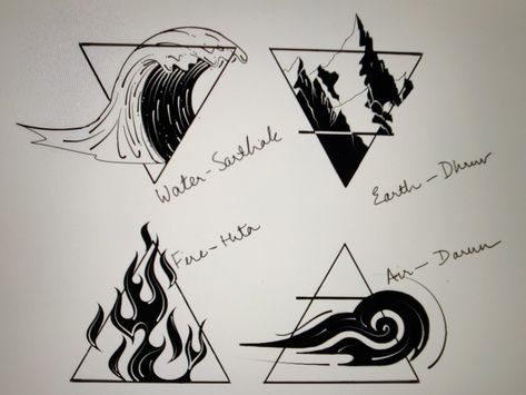 Four triangle on the page with two of them inverted and two of them straight. The inverted one without a horizontal line across it is WATER with a wave bigger than the triangle. The inverted triangle with a horizontal line across it is EARTH with three ragged stone mountains. The straight triangle without a horizontal line across is FIRE which has flames and the straight triangle with the line is AIR with a gust of wind drawn inside the triangle. Earth Wind Fire Air Tattoo, Fire Water Matching Tattoos, Triangle Fire Tattoo, Fire And Water Tattoo Ideas, Fire And Earth Tattoo, Air And Water Tattoo, Earth Water Fire Air Tattoo, Fire And Air Tattoo, Water Fire Tattoo