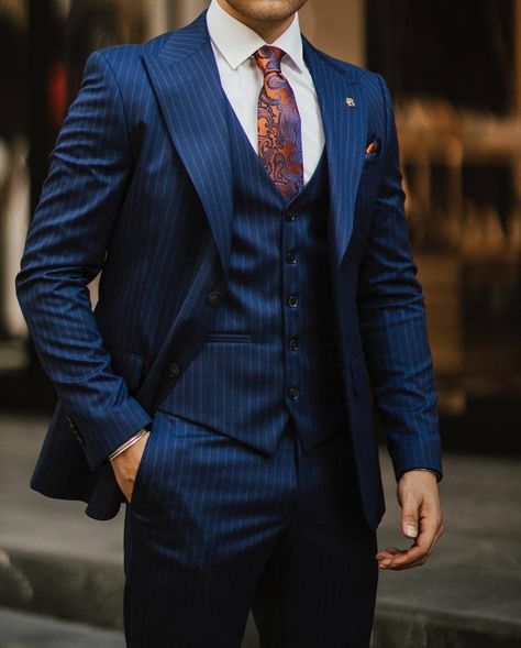 Navy Blue 3 Piece Suit, Navy Blue Suit Men, Groom Suit Navy, Blue Striped Suit, Blazer Waistcoat, Blue Three Piece Suit, Blue Pinstripe Suit, Blue Suit Men, Formal Men Outfit