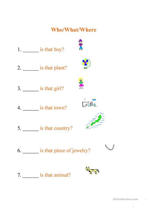 Who/What/Where - English ESL Worksheets for distance learning and physical classrooms Who What Where Worksheets, What Where Who Worksheet, Where Worksheet, Teaching Child To Read, English Grammar For Kids, Who What Where, Grammar For Kids, Classroom Anchor Charts, Personal Pronouns