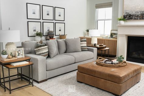 Maggie Flax Sofa | Mathis Home Gray Couch And Brown Leather Chair, Grey Couch Brown Ottoman, Grey Couch Basement Ideas, Ashley Maggie Sofa, Grey Leather Couch Living Room Ideas, Gray And Camel Living Room, Grey And Wood Living Room Ideas, Living Room Decor With Grey Couch, Gray And Brown Living Room Ideas