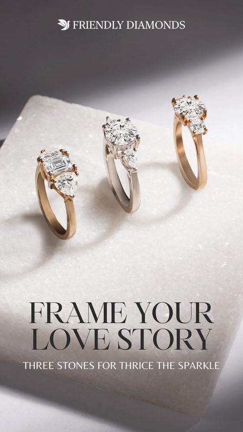 Lab Diamond Three Stone Engagement Rings 💍 3 Stone Diamond Rings, Jewellery Advertising, 3 Stone Diamond Ring, Creative Jewelry Photography, Instagram Jewelry, Sparkling Rings, Three Stone Engagement, Three Stone Engagement Rings, Stone Engagement Rings